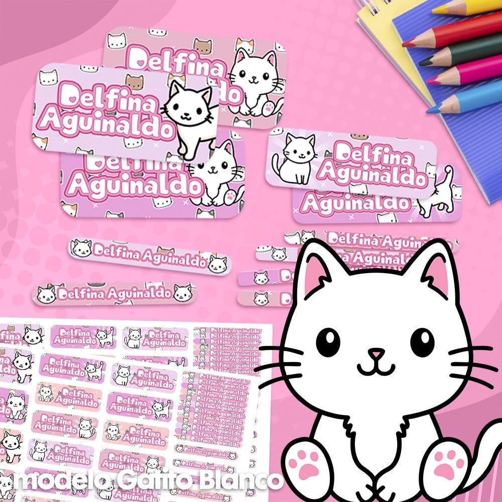 Etiquetas Escolares para Imprimir | Gatito Blanco (Archivo Digital PDF)