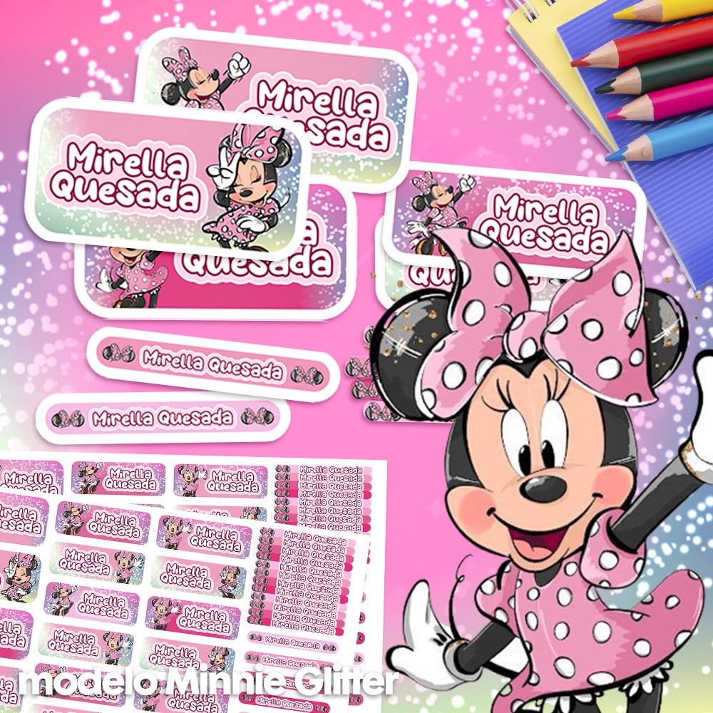 Etiquetas Escolares para Imprimir | Minnie Glitter (Archivo Digital PDF)